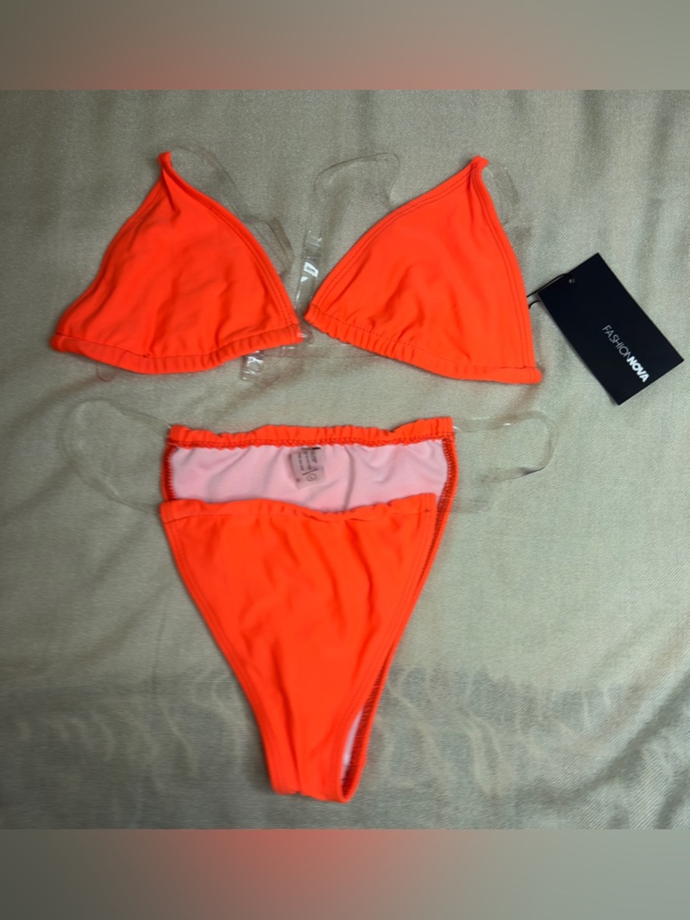 Fashion Nova Neon Orange Bikini Set Clear Strap High Cut Bottom NWT Size L
